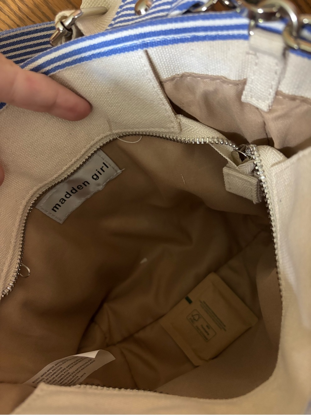 Madden Girl Cream Canvas Tote with Blue Striped Trim and Sardines!!! - Picture 5 of 5